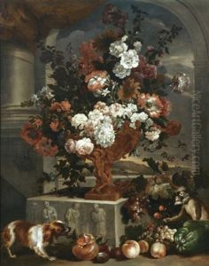Still Life Of Flowers In A Gilded Vase With Fruits, A Dog And A Monkey Under An Arcade