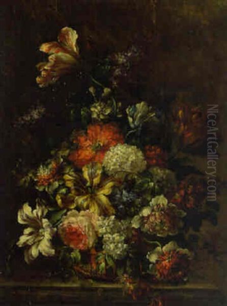 Geraniums And Other Flowers In Basket On Ledge - view 1