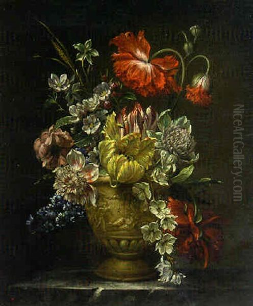 Flowers In A Sculpted Urn On A Marble Ledge - view 1