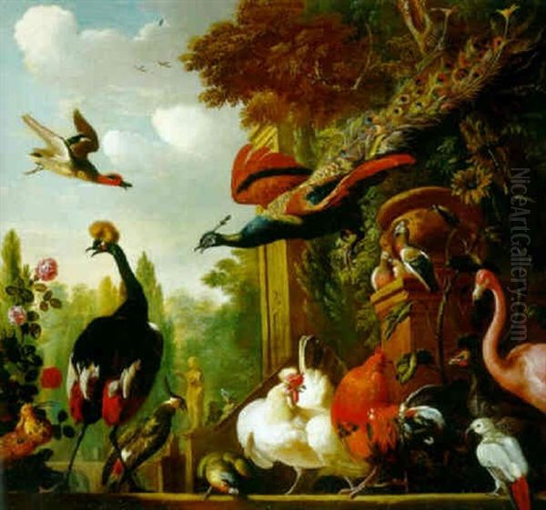A Crested Crane, And Other Birds On A Terrace - view 1