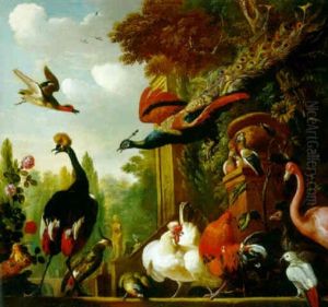 A Crested Crane, And Other Birds On A Terrace A Crested Crane, And Other Birds On A Terrace