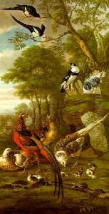 Golden Pheasant With Her Chicks, Pigeons And Magpies In Parkland by Pieter Casteels III