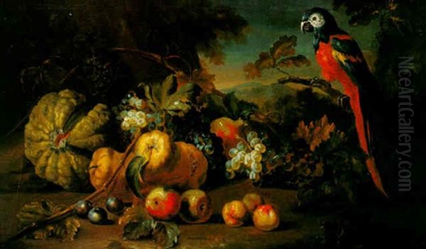 Still Life With Watermelon, Pears, And Assorted Fruit And A Parrot Nearby, All Set Within A Wooded Landscape - view 1