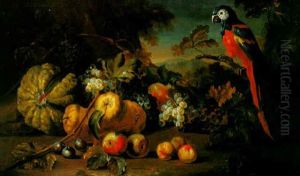 Still Life With Watermelon, Pears, And Assorted Fruit And A Parrot Nearby, All Set Within A Wooded Landscape