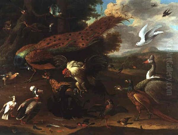 An Extensive Parkland With Numerous Birds, Including A Cockerel Swooping On A Raven, Peacocks, A Peahen, An Owl, A Jay, A Kestrel, A Goose, Bullfinches, Crested Cranes And A Flamingo Beyond - view 1