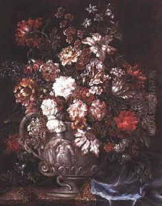 A Still Life Of Tulips, Roses, Convolvulus, Poppies, Liac And Other Flowers In An Ornamental Stone Urn With A Blue Cloth On A Marble Ledge by Pieter Casteels III