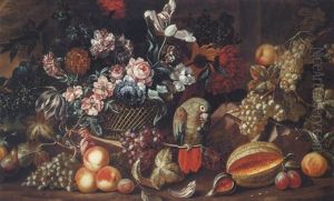 Still Life Of Flowers In A Basket On A Stone Ledge Surrounded By Fruit, With A Parrot Eating A Grape