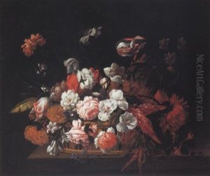Still Life Of Roses, Carnations, Tulips And Other Flowers In A Basket Upon A Ledge