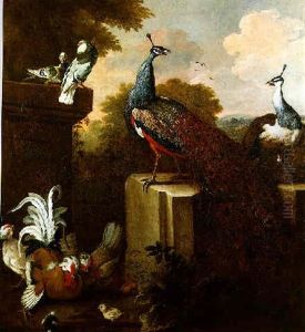 A Peacock And Peahen Standing On A Stone Pedestal In A Garden With A Cockerel, Hens, Chicks And Pigeons