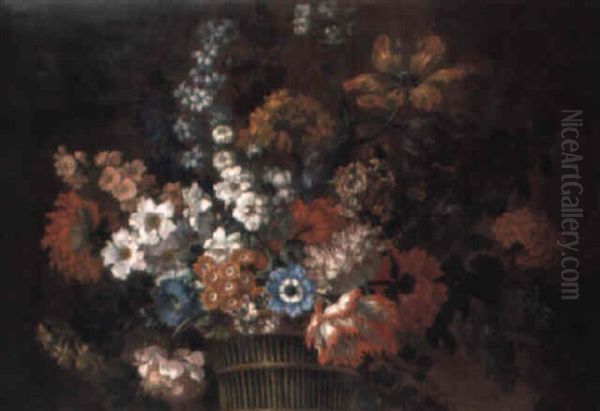 Parrot Tulips, White Roses And Other Flowers In A Basket On A Ledge - view 1