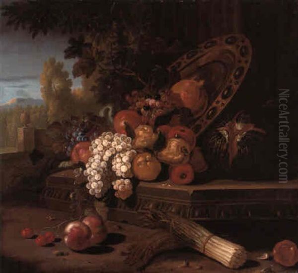 Grapes And Other Fruit With A Platter On A Ledge With Vegetables - view 1