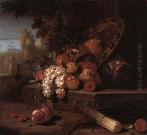 Grapes And Other Fruit With A Platter On A Ledge With Vegetables by Pieter Casteels III