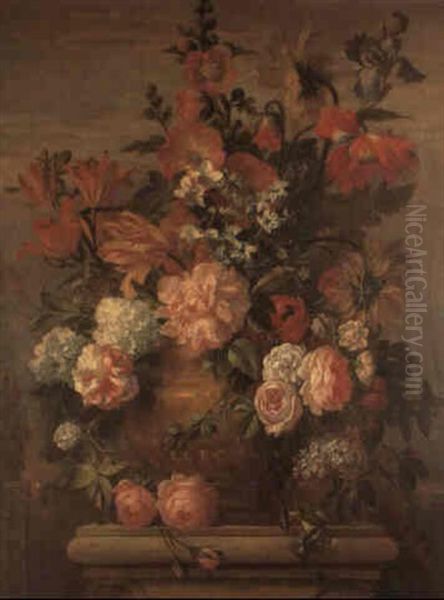 Roses, Peonies And Other Flowers In An Urn Resting On A Stone Ledge - view 1