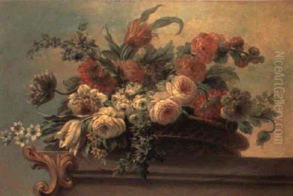 Still Life Of Hollyhocks And Other Flowers In A Basket On A Stone Ledge - view 1