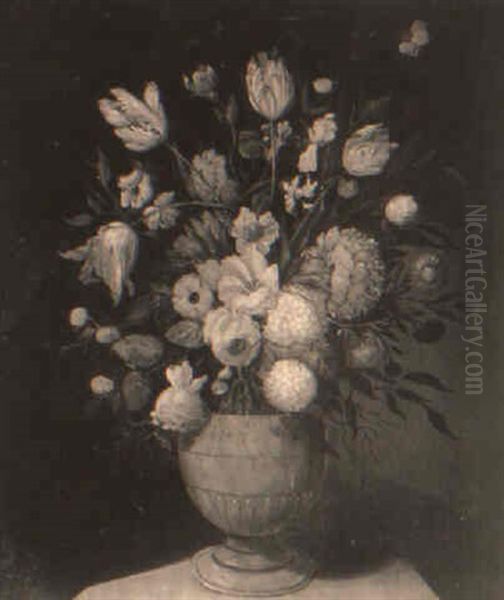 Tulips And Other Flowers In An Urn On A Pedestal - view 1