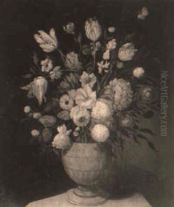 Tulips And Other Flowers In An Urn On A Pedestal thumbnail