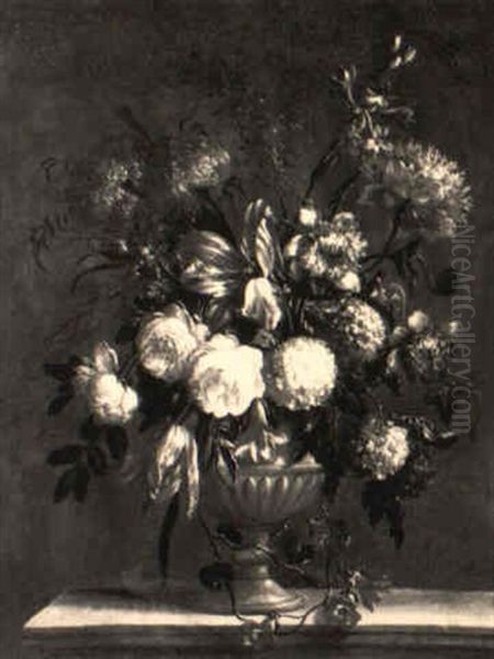 Roses, Tulips And Other Flowers In A Vase On A Ledge - view 1