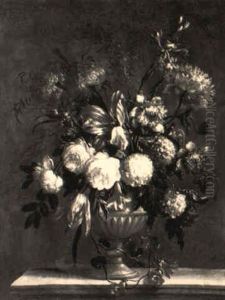 Roses, Tulips And Other Flowers In A Vase On A Ledge by Pieter Casteels III