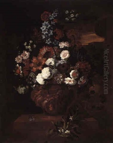 Roses, Hydrangeas, Carnations, Blossom, Morning Glory And Others In An Urn - view 1