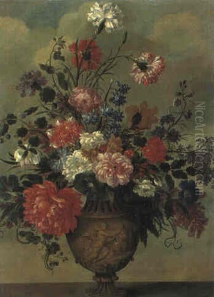 Roses, Carnations, Peonies, A Cornflower And Other Flowers In A Sculpted Urn - view 1