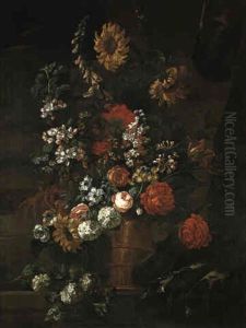 Roses, A Foxglove, Blossom, Poppies, Honeysuckle And Others In A Bronze Urn Roses, A Foxglove, Blossom, Poppies, Honeysuckle And Others In A Bronze Urn