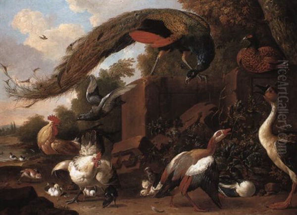 Peacock, Ducks, Pheasant And Other Birds By A Plinth - view 1