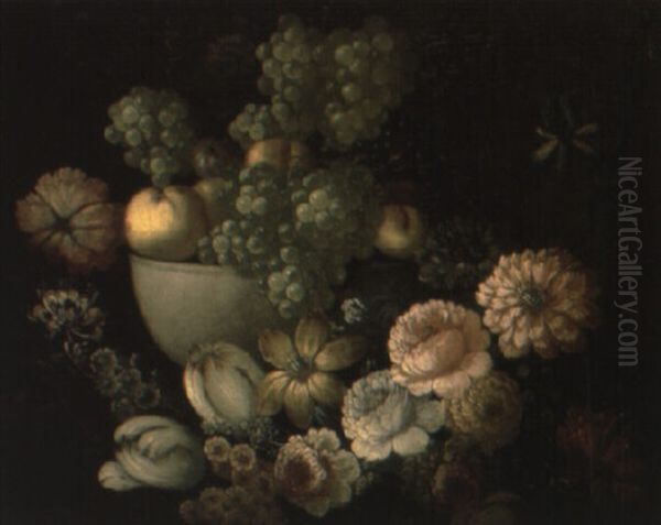 Grapes And Other Fruits And Flowers On A Ledge - view 1