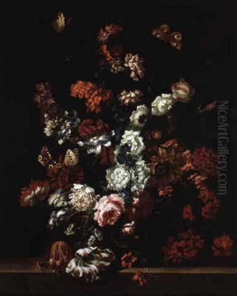 Still Life Of Baquette With Flowers In A Basket Resting On A Stone Ledge - view 1
