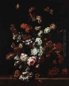 Still Life Of Baquette With Flowers In A Basket Resting On A Stone Ledge by Pieter Casteels III