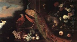 Peacock, Peahen And Cockatoo With Fruit And Flowers In A Landscape