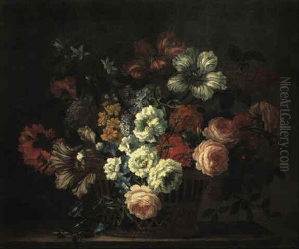 Still Life Of Tulips And Other Flowers In A Basket On A Ledge - view 1