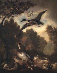 Mallard Drakes And Ducks On Wooded River Bank by Pieter Casteels III