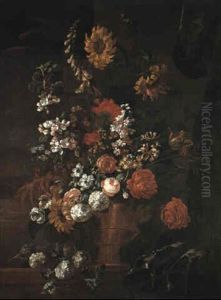 Flowers In A Bronze Urn On A Draped Ledge
