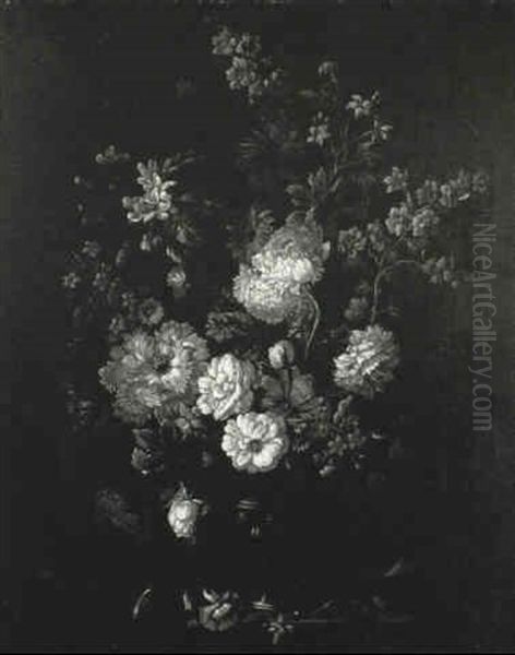 Carnations And Other Flowers In An Urn On A Ledge - view 1