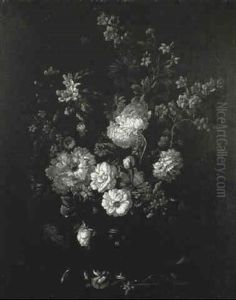Carnations And Other Flowers In An Urn On A Ledge