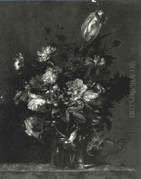 Carnations And Other Flowers In A Vase On A Ledge - view 1