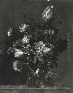 Carnations And Other Flowers In A Vase On A Ledge