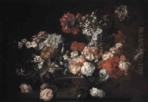 Flowers In A Basket On A Pedestal by Pieter Casteels III