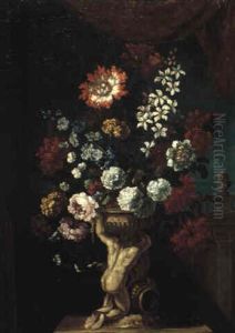 Flowers In An Urn Supported By A Figure Of Hercules On A    Terrace