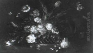 Peonies, Tulips, Hydranger And Other Flowers In A Basket On A Ledge by Pieter Casteels III