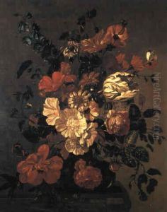 Roses, Carnations, Tulips And Other Flowers On A Ledge With A Red Admiral And A Cabbage White Butterfly