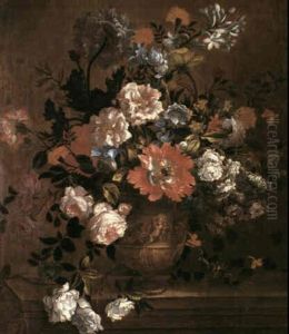 A Still Life Of Flowers Including Roses, Poppies And        Stephanosis In A Terracotta Urn Upon A Stoneledge