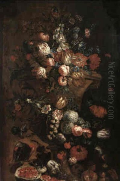 A Still Life Of Assorted Flowers Including Parrot Tulips, Foxgloves, Roses Carnations, Lilac, Convolvulus, A Sun - view 1
