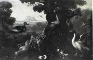 A Peacock, A Rooster, Ducks, A Guinea Pig And Other Birds   In A Landscape