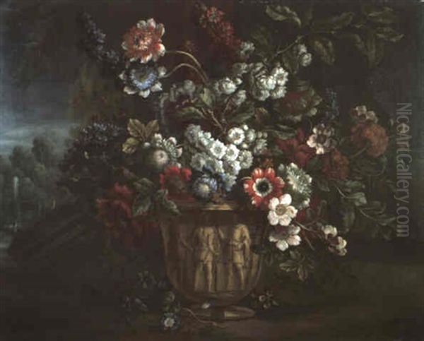 A Still Life Of Paeonies, Hyacinths, Roses And Other Flowers In A Terracotta Vase, A Fountain In A Landscape Beyond - view 1