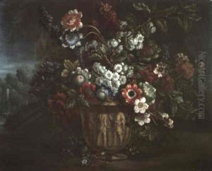 A Still Life Of Paeonies, Hyacinths, Roses And Other Flowers In A Terracotta Vase, A Fountain In A Landscape Beyond A Still Life Of Paeonies, Hyacinths, Roses And Other Flowers In A Terracotta Vase, A Fountain In A Landscape Beyond