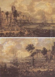 Harbour Scenes With Numerous Figures by Pieter Casteels III