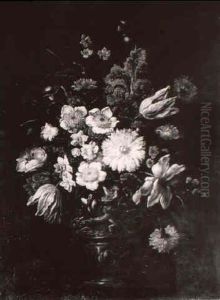 Tulips, Daffodills, Carnations And Other Flowers In A Sculpted Urn On A Ledge by Pieter Casteels III