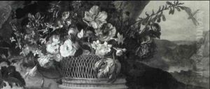 A Still Of Flowers In A Grotto, A Landscape Beyond