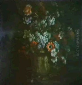 A Still Life Of Peonies, Hyacinths, Roses And Other Flowers In A Terracotta Vase, A Fountain In A Landscape Beyond by Pieter Casteels III